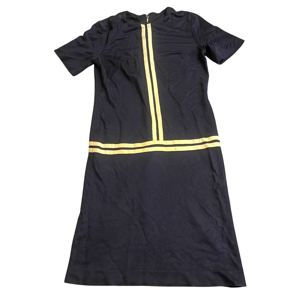 Vintage Short Sleeve Shift Dress Womens Small Navy Blue Yellow Racing Stripe Mod
